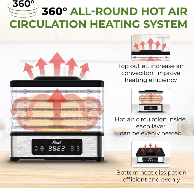 Rosewill Compact Food Dehydrator, 5 Stackable Trays with Adjustable 48H Timer and Temperature Control - 400W Electric Food Dryer for Jerky, Fruits, Herbs, Veggies, Meat & Dog Treats - Image 4